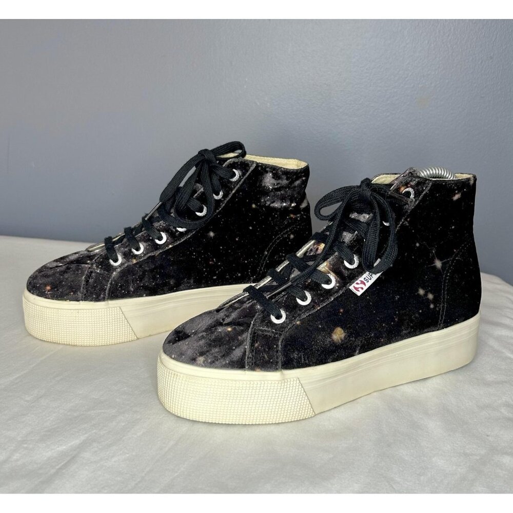 Superga Shoes Women's 7 Black Star Galaxy Print Velvet Platform High Top EU 37.5
